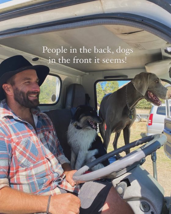 Andy driving the dogs home from a days picking